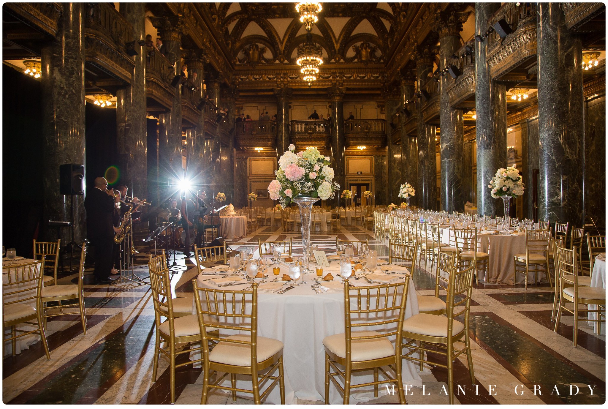 Carnegie Museum of Natural History Wedding in Pittsburgh, Pennsylvania. Tall floral centerpieces, gold chairs, Nashville wedding photographer
