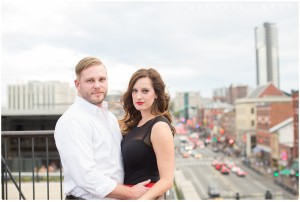 the best nashville engagement photographer, Melanie Grady nashville wedding photographer, downtown nashville engagement photography, she said yes, red skirt, red lips, red and black engagement session, rooftop bar