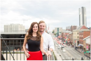 the best nashville engagement photographer, Melanie Grady nashville wedding photographer, downtown nashville engagement photography, she said yes, red skirt, red lips, red and black engagement session, rooftop bar