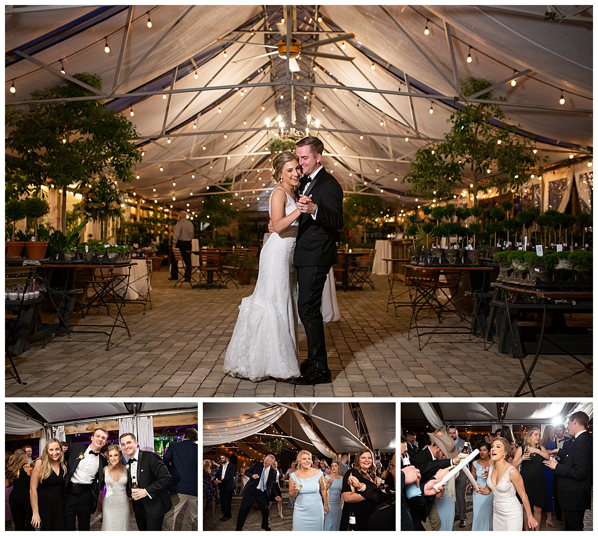 bride and groom portrait at reception and dancing at reception