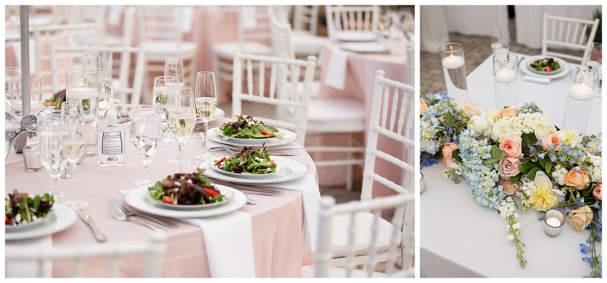 elegant pink tablecloths and salads at wedding reception with flowers