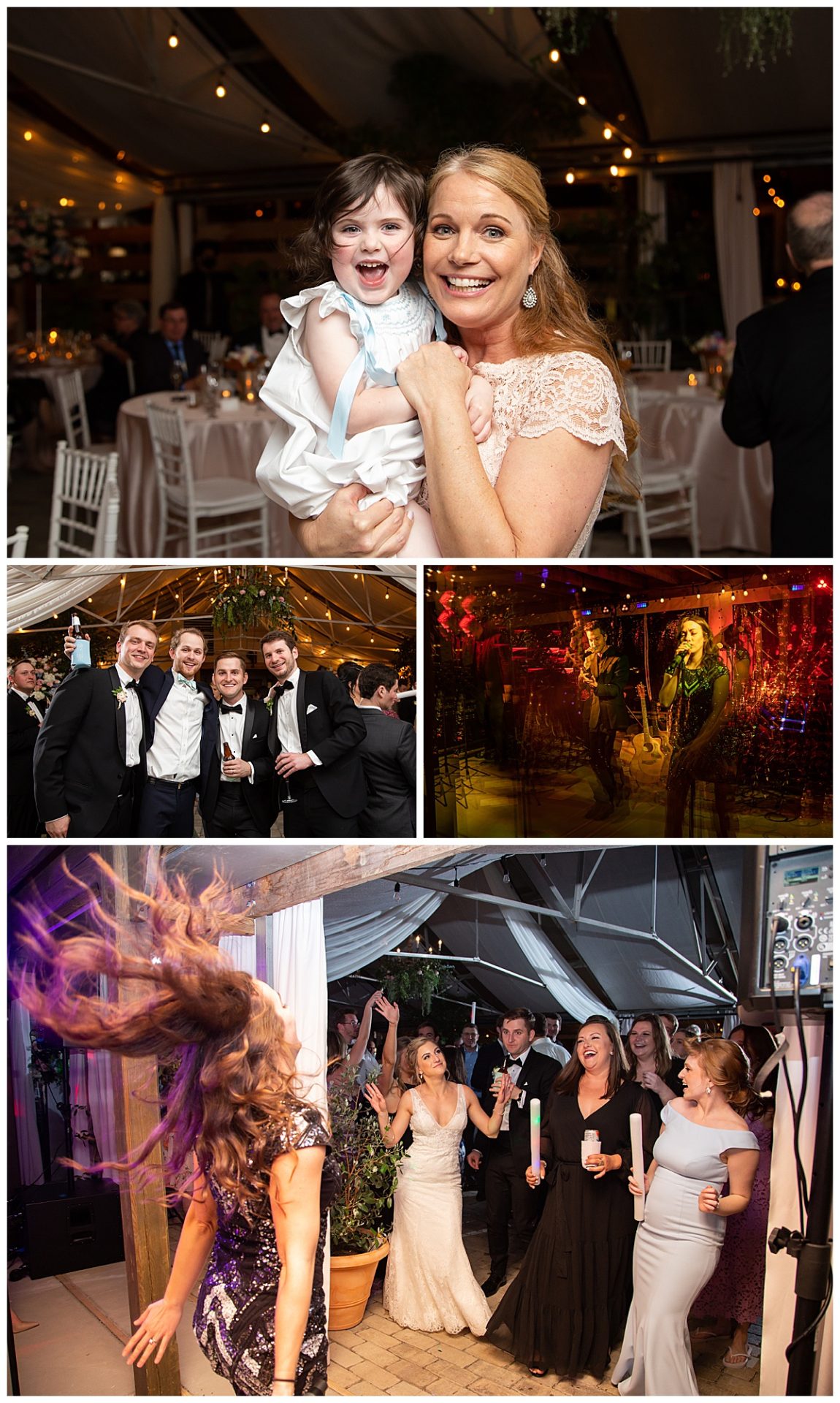older woman with tiny toddler and groomsmen photos dancing at wedding reception