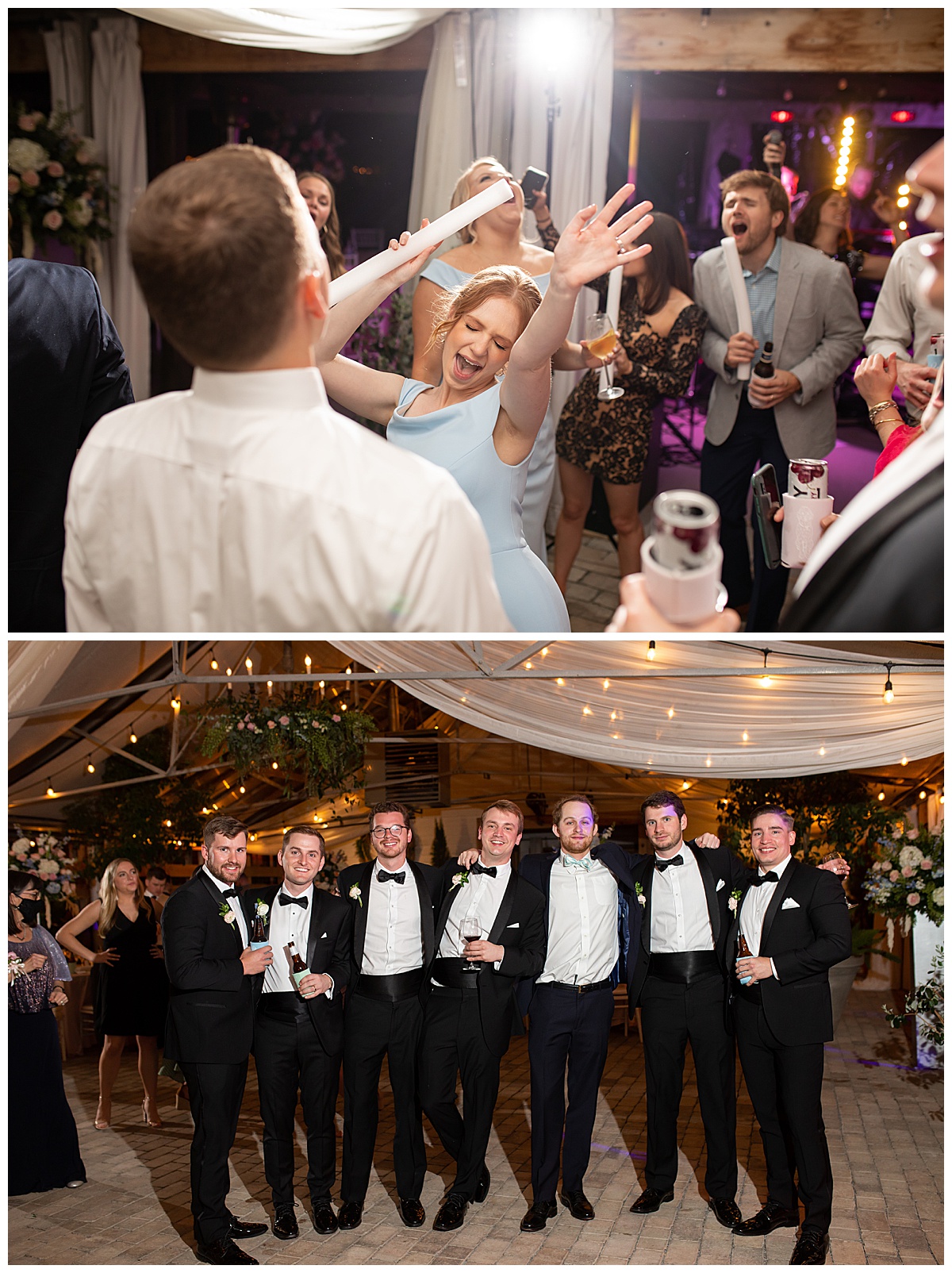 bridesmaid dancing at reception and groom with groomsmen
