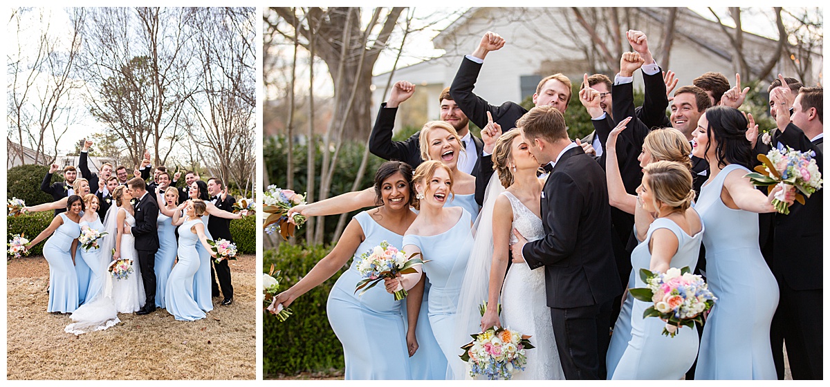 bridal party celebrating men in black tux and girls in blue dresses