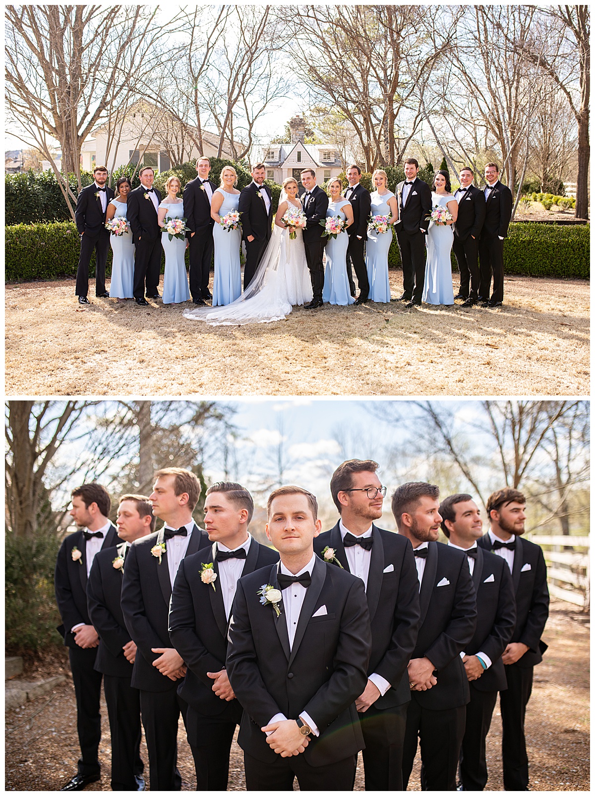 groomsmen in black tuxes pictures and full bridal party pictures outside