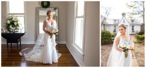 blonde bride portraits in getting ready suite and in front of white cottage with long veil