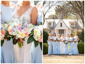 spring wedding bouquets and bride and bridesmaids outside white cottage