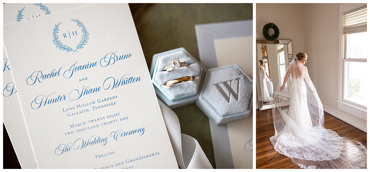 custom wedding invitations and bride in getting ready suite at long hollow garden