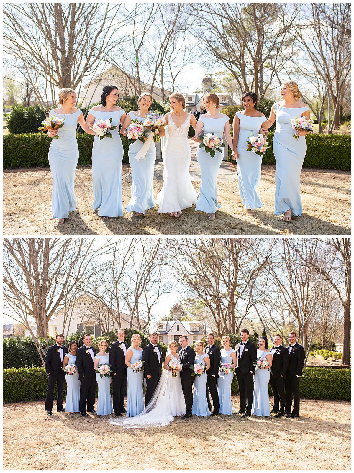blue bridesmaids dresses and bride with blonde hair groomsmen in black tuxedos