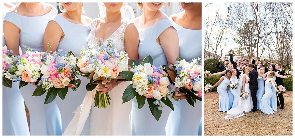 springtime bridesmaids bouquets and bridal party celebrating outside