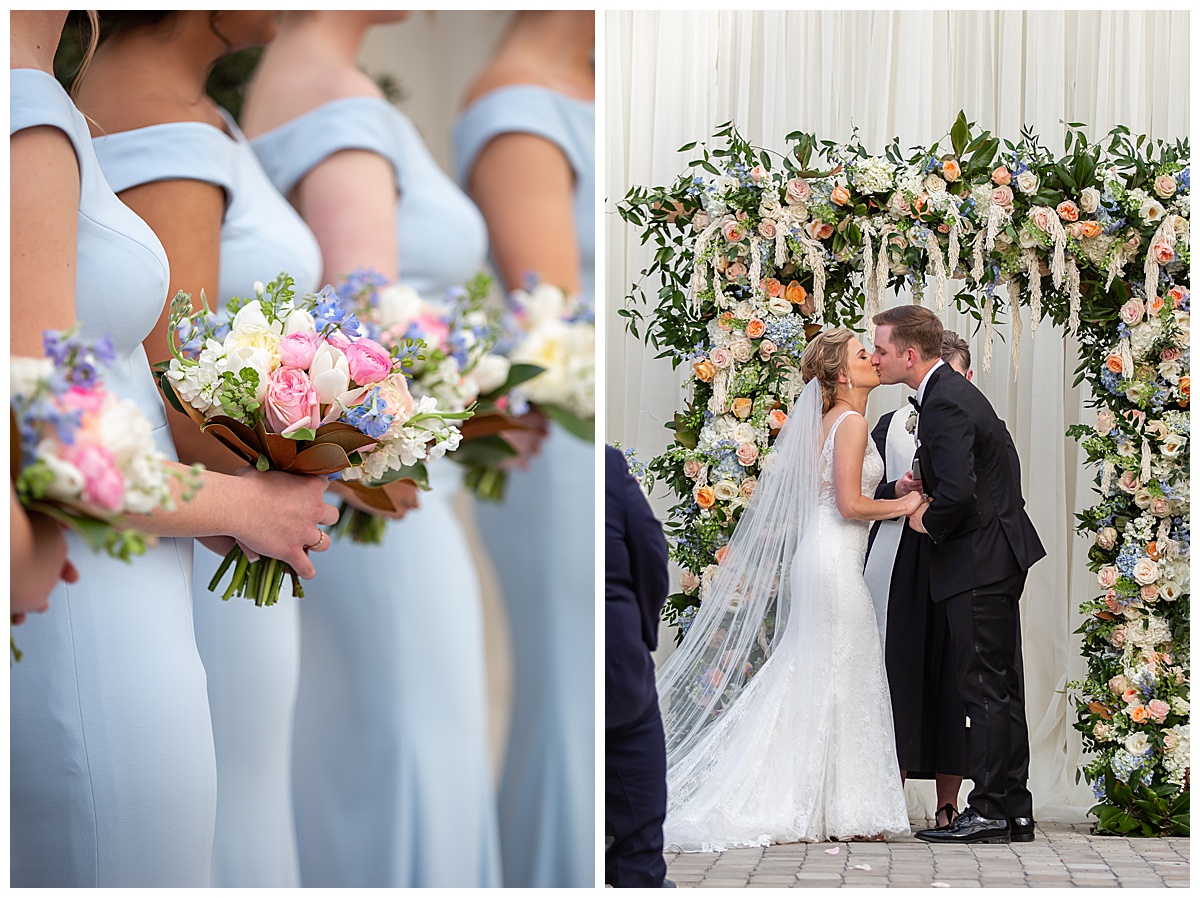 blue bridesmaids dresses and spring flowers and bride and groom kissing after wedding