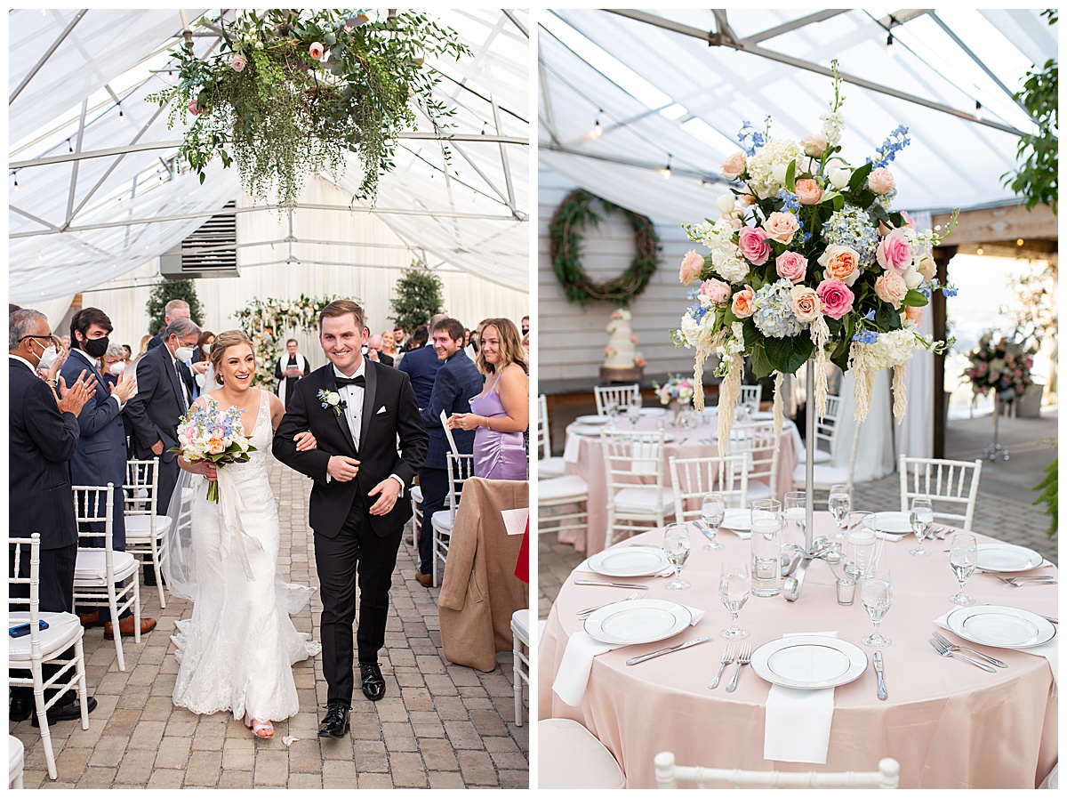 bride and groom happy walking back up aisle and pink table and tall flowers at reception