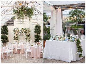 wedding reception tables with pink tablecloths and pretty flowers