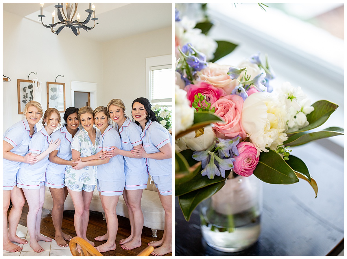 bride and bridesmaids in blue and white pajamas and spring flowers in vase