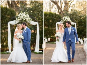 bride in off the shoulder gown and groom in navy tux first kiss and walking down the aisle