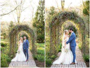 blonde bride and brunette groom in navy suit portraits at Riverwood Mansion gardens
