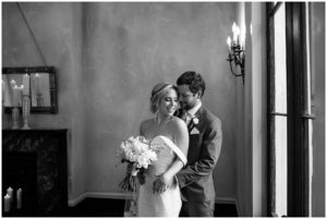 black and white photo of couple in riverwood mansion wedding