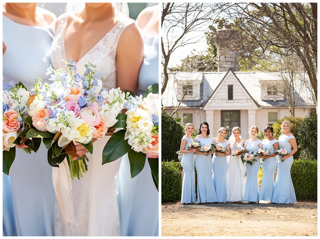 Lovely bridesmaids wearing baby blue gowns and carrying springtime colored bouquets with peonies and ranunculas at a wedding at Long Hollow Gardens in Gallatin, TN. 