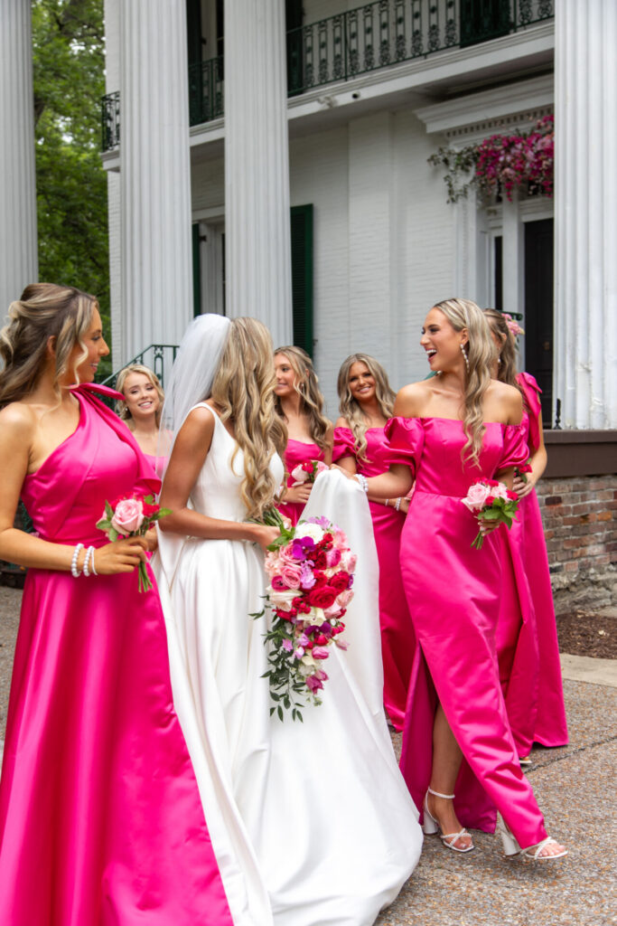 riverwood mansion wedding, nashville wedding photographers, bright pink bridesmaids