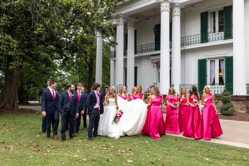 riverwood mansion wedding, nashville wedding photographers, bright pink wedding party