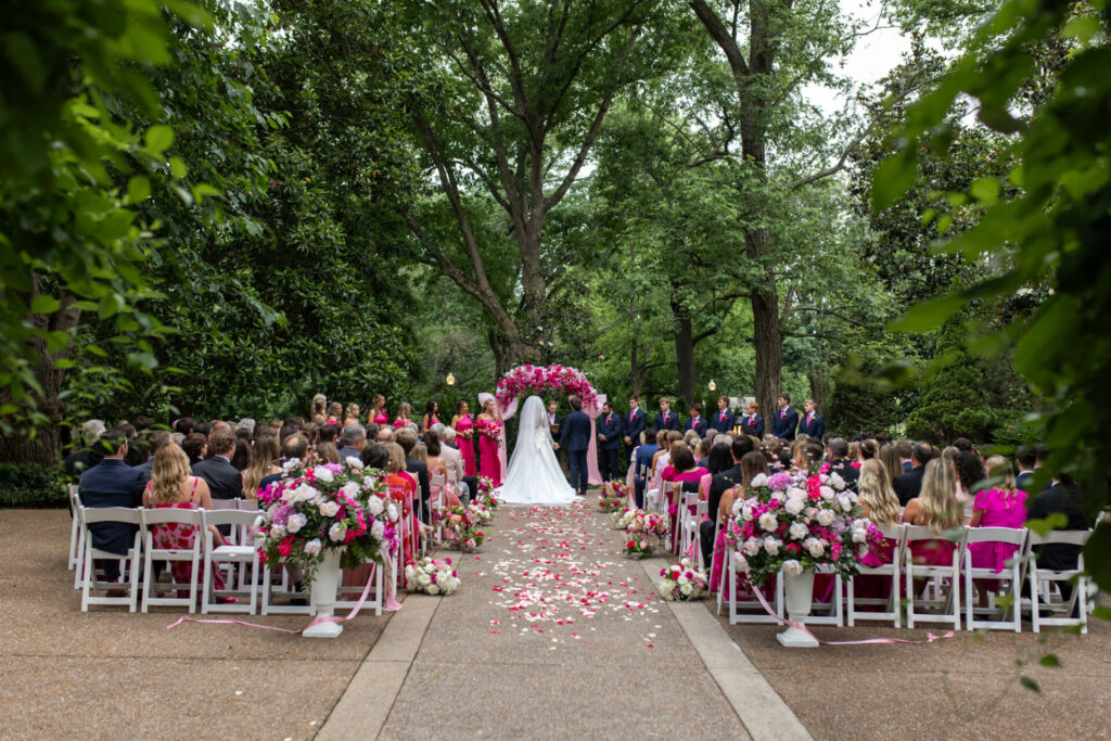 All-pink wedding ceremony in nashville at riverwood mansion