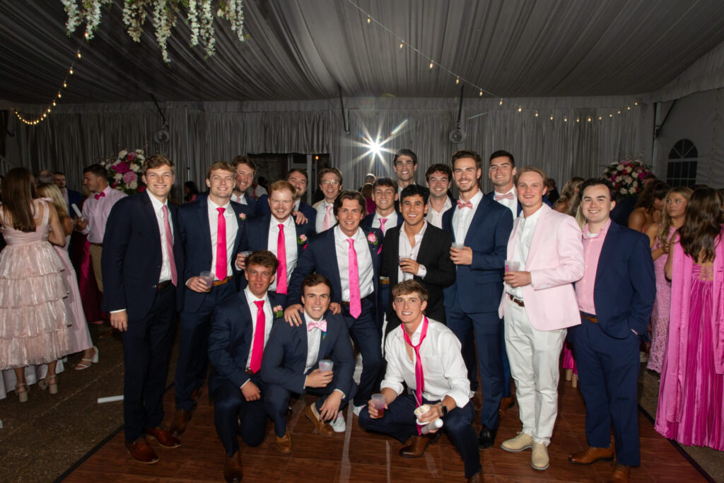 groom with his fraternity brothers at a Nashville wedding reception at Riverwood Mansion