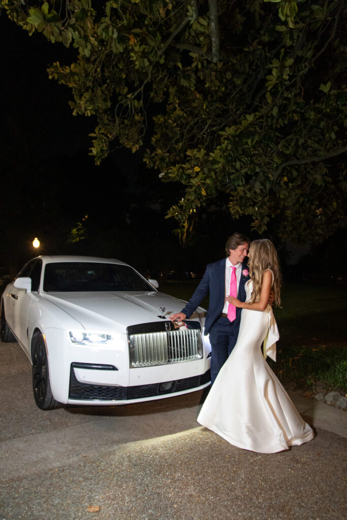 riverwood mansion wedding, nashville wedding photographers, white rolls royce getaway car