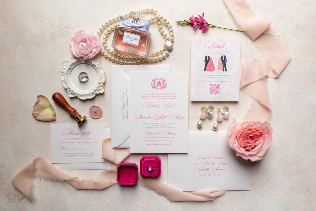 white ink calligraphy wedding invitation suite, pink wedding lay flat, wedding details, riverwood mansion